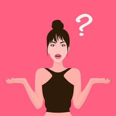 Güzel Esmer, Kafası Karışık Asyalı, Avrupalı Kafası Karışık Kadın, Genç Bayan, Kolları Açık Gir. Bir seçim yap, konsepti bilmiyor. Soru işareti. Vektör İllüstrasyonu. Portre, Avatar. Ön Görünüm