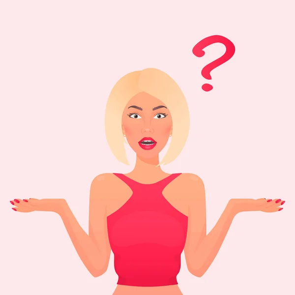 Pretty Blonde European Confused Woman, Young Lady, Girl with Arms Outstretch (dalam bahasa Inggris). Membuat pilihan, tidak tahu harus melakukan konsepsi. Pertanyaan Mark. Vector Illustration. Potret, Avatar. Tampilan Depan - Stok Vektor