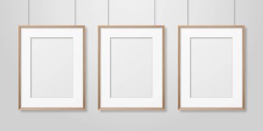 Vektör 3d Gerçekçi Üç A4 Kahverengi Ahşap Basit Modern Çerçeve Beyaz Duvar Arkaplanı. Sunumlar için kullanılabilir. Mockup için Tasarım Şablonu, Ön Görünüm