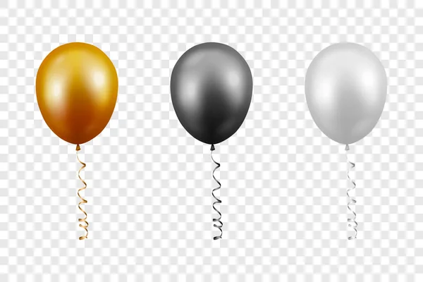 Vector 3d Realistic Metallic Golden, Black, White Balloon with Ribbon Set Zbliżenie Izolowane na przezroczystym tle. Szablon projektowy balonów z przezroczystego helu, Rocznica, Urodziny — Wektor stockowy
