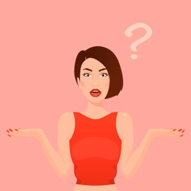 Güzel Esmer Kafası Karışık Kadın, Genç Bayan, Kolları Açık Kız. Bir seçim yap, konsept yapmayı bilmiyor. Soru işareti. Vektör İllüstrasyonu. Portre, Avatar. Ön Görünüm