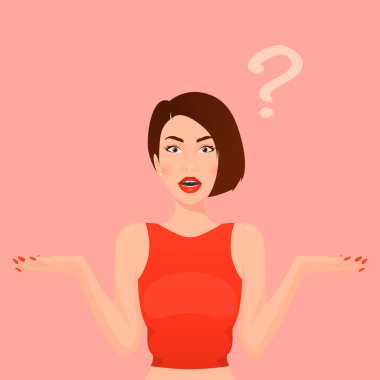 Güzel Esmer Kafası Karışık Kadın, Genç Bayan, Kolları Açık Kız. Bir seçim yap, konsept yapmayı bilmiyorsun. Soru işareti. Vektör İllüstrasyonu. Portre, Avatar. Ön Görünüm