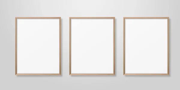 Vector 3d realista tres A4 marrón madera simple marco moderno sobre un fondo de pared blanca. Se puede utilizar para presentaciones. Plantilla de diseño para Mockup, Vista frontal — Archivo Imágenes Vectoriales