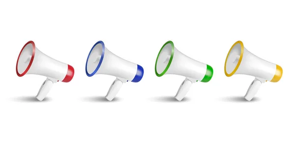 Vector Realistic 3d Simple White Megaphone Icon Set Nahaufnahme Isoliert auf weißem Hintergrund. Design-Vorlage für Banner, Web — Stockvektor