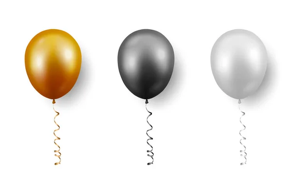 Vecteur 3d réaliste métallique doré, noir, ballon blanc avec ruban serti Fermer isolé sur fond blanc. Modèle de conception de ballons d'hélium translucide, maquette, anniversaire, fête d'anniversaire — Image vectorielle