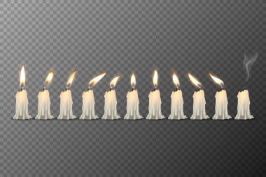 Vector 3d Realistic White Paraffin or Wax Burning Candles with Different Flame Icon Set Closeup Isolated on Transparent Background. Design Template, Clipart clipart
