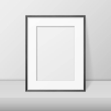 Vektör 3d Gerçekçi A4 Kara Tahta Basit Modern Çerçeve Beyaz Rafta ya da Masa Üzerinde Beyaz Duvara Karşı. Sunumlar için kullanılabilir. Mockup için Tasarım Şablonu, Ön Görünüm