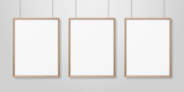 Vektör 3d Gerçekçi Üç A4 Kahverengi Ahşap Basit Modern Çerçeve Beyaz Duvar Arkaplanı. Sunumlar için kullanılabilir. Mockup için Tasarım Şablonu, Ön Görünüm