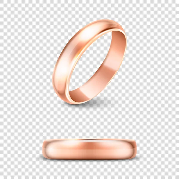 Vector 3d Realistic Gold Metal Wedding Ring Icon Set Closeup Isolated on Transparent Background. 샤이니 골든 반지의 디자인 템플릿. 클 리 부분, 모 토우. 측면, 전면 견해 — 스톡 벡터