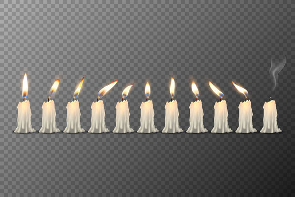 Vector 3d Realistic White Paraffin or Wax Burning Candles with Different Flame Icon Set Closeup Isolated on Transparent Background. Design Template, Clipart