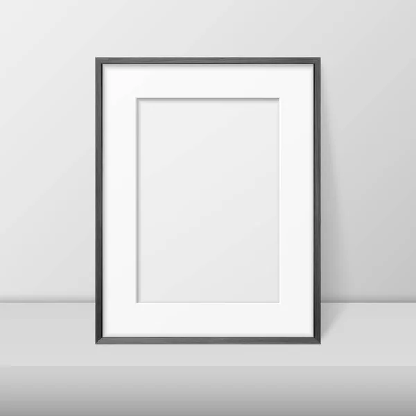 Cadre moderne simple en bois noir A4 réaliste vectoriel 3d sur une étagère ou une table blanche contre un mur blanc. Il peut être utilisé pour les présentations. Modèle de conception pour maquette, vue de face — Image vectorielle