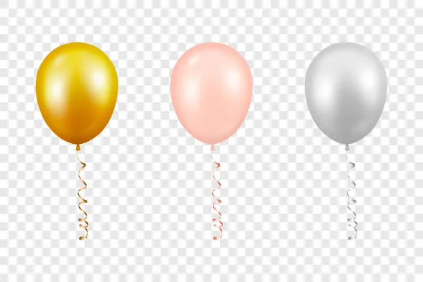 Vector 3d Realistic Metallic Golden, rosa, vit ballong med band set Närbild Isolerad på transparent bakgrund. Design mall för genomskinliga Helium Baloons, Mockup, Årsdagen, Födelsedag — Stock vektor