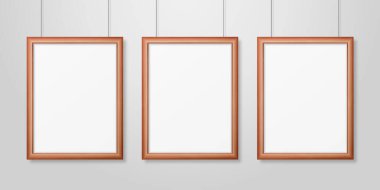 Vektör 3d Gerçekçi Üç A4 Kahverengi Ahşap Basit Modern Çerçeve Beyaz Duvar Arkaplanı. Sunumlar için kullanılabilir. Mockup için Tasarım Şablonu, Ön Görünüm