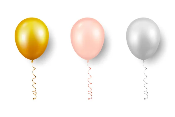 Vector 3D Realistic Metallic Golden, Pink, White Balloon with Ribbon Set Nahaufnahme auf weißem Hintergrund. Design-Vorlage für transluzente Heliumballons, Attrappe, Jubiläum, Geburtstagsfeier — Stockvektor