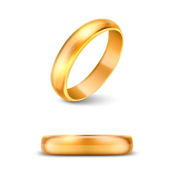 Vector 3d Realistic Gold Metal Wedding Ring Icon Set Closeup Isolated on White Background. 샤이니 골든 반지의 디자인 템플릿. 클 리 부분, 모 토우. 측면, 전면 견해 — 스톡 벡터