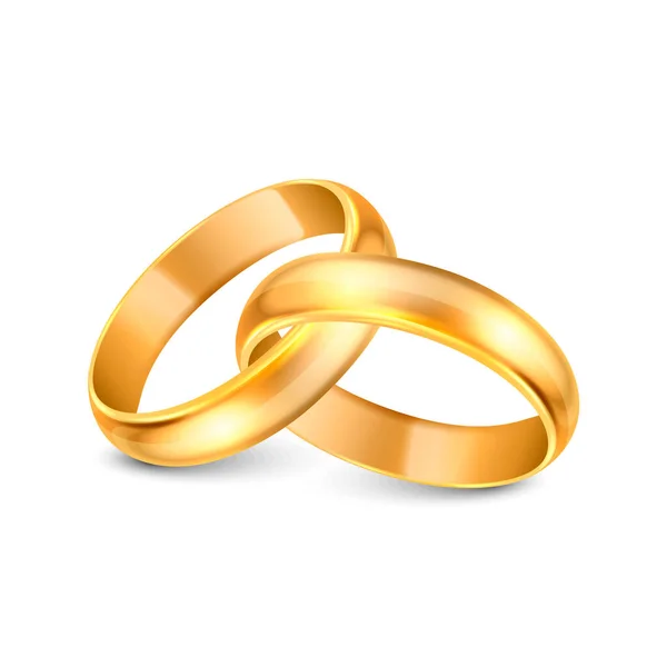 Vector 3d Realistic Gold Metal Wedding Ring Icon Set Closeup Isolated on White Background. 샤이니 골든 반지의 디자인 템플릿. 클 리 부분, 모 토우. 측면, 전면 견해 — 스톡 벡터
