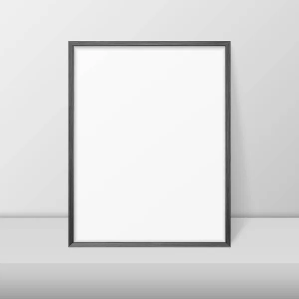 Vector 3d realista A4 marco moderno simple de madera negra en un estante blanco o mesa contra una pared blanca. Se puede utilizar para presentaciones. Plantilla de diseño para Mockup, Vista frontal — Vector de stock