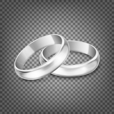 Vektör 3d Gerçekçi Gümüş Metal Nikah Yüzüğü Simgesi Şeffaflık Ağı Arkaplanında Kapanış Yapılandırıldı. Parlak Altın Yüzüklerin Tasarım Şablonu. Tırman, Mockup. Kenar, Ön Görünüm