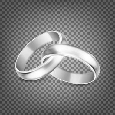 Vektör 3d Gerçekçi Gümüş Metal Nikah Yüzüğü Simgesi Şeffaflık Ağı Arkaplanında Kapanış Yapılandırıldı. Parlak Altın Yüzüklerin Tasarım Şablonu. Tırman, Mockup. Kenar, Ön Görünüm