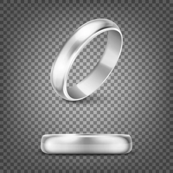 Vector 3D Realistische Silber Metall-Hochzeitsring Icon Set Nahaufnahme Isoliert auf Transparenzgitter Hintergrund. Design-Vorlage für glänzende goldene Ringe. Clipart, Mockup. Seite, Frontansicht — Stockvektor