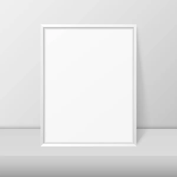 Vector 3d Realistic A4 White Wooden Simple Modern Frame on a White Shelf or Table and White Wall Background. 프레젠테이션에 사용 할 수있습니다. 전면 의 모우크 를 위한 설계 물 — 스톡 벡터