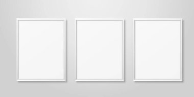 Vektör 3d Gerçekçi Üç A4 Beyaz Ahşap Basit Modern Çerçeve Beyaz Duvar Arkaplanı. Sunumlar için kullanılabilir. Mockup için Tasarım Şablonu, Ön Görünüm