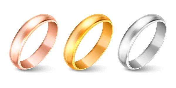 Vector 3d Realistic Gold and Silver Metal Wedding Ring Icon Set Closeup Isolated on White Background. 샤이니 골든 반지의 디자인 템플릿. 클 리 부분, 모 토우. 측면, 전면 견해 — 스톡 벡터