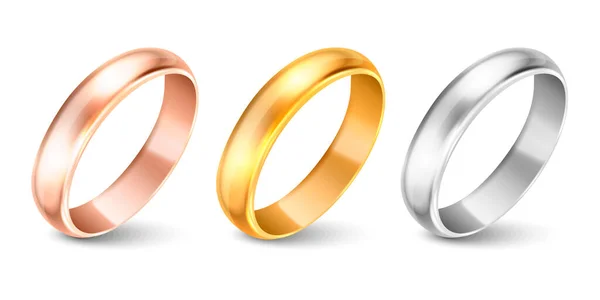 Vector 3d realistiska guld och silver metall bröllop ring ikonen set närbild isolerad på vit bakgrund. Design mall för blanka gyllene ringar. Klippan, Mockup. Sida, främre vy — Stock vektor