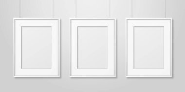 Vektör 3d Gerçekçi Üç A4 Beyaz Ahşap Basit Modern Çerçeve Beyaz Duvar Arkaplanı. Sunumlar için kullanılabilir. Mockup için Tasarım Şablonu, Ön Görünüm