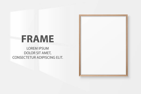 Vector 3d Realistic A4 Brown Wooden Simple Modern Frame on a White Wall Background. It can be used for presentations. Design Template for Mockup, Front View