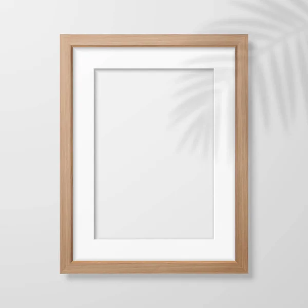 Vector 3d Realistic A4 Brown Wooden Simple Modern Frame on a White Wall Background with Leaf Shadow. It can be used for presentations. Design Template for Mockup, Front View — Stock Vector