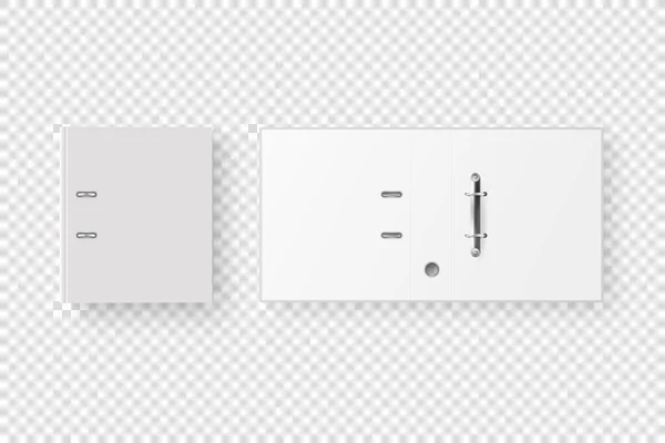 Vektor 3d Otevřený a uzavřený realistický bílý prázdný kancelářský pořadač s kovovými kroužky pro papír A4 Closeup izolovaný na průhledném pozadí. Šablona návrhu, Mockup, Top View — Stockový vektor