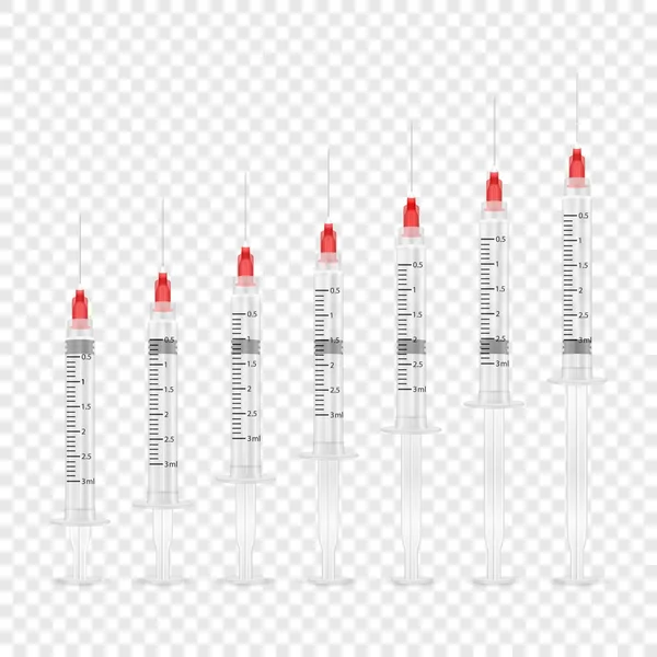 Vector 3d Realistic Blank Empty Syringe Icon Set Closeup Isolated on Transparent Backgound. 의학 개념, 설계 템플릿, 모크 업, 백신과 백신 접종 — 스톡 벡터