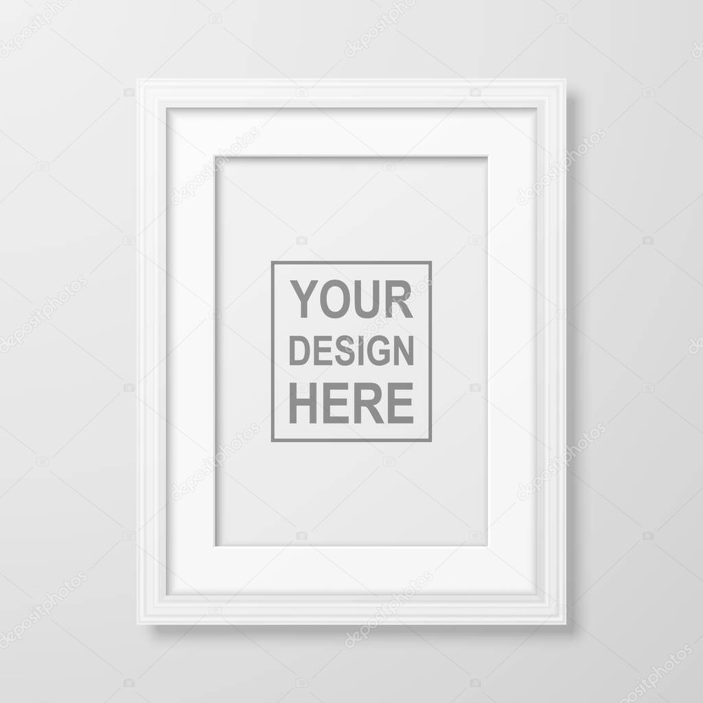 Vector 3d Realistic A4 Decorative White Wooden Simple Modern Frame for Presentation on a White Wall Background. Design Template for Mockup, Front View