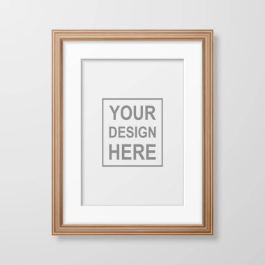 Vektör 3d Gerçekçi A4 Dekoratif Kahverengi Ahşap Basit Modern Çerçeve Beyaz Duvar Arkaplanında Sunum İçin. Mockup için Tasarım Şablonu, Ön Görünüm