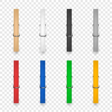 Vektör 3d Gerçekçi Giysiler Pin Simgesi Kapatma Şeffaf Arkaplanda izole edildi. Tahta Pençe Tutma Dizayn Şablonu