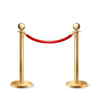 Kırmızı Halı İçin Vektör 3d Gerçekçi Çit Beyaz Arkaplan 'da izole edildi. Kırmızı bariyer halatı. Altın direk. Ön Manzara. Lüks, VIP konsepti. Olaylar için Ekipman