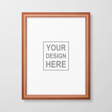 Vektör 3d Gerçekçi A4 Dekoratif Kahverengi Ahşap Basit Modern Çerçeve Beyaz Duvar Arkaplanında Sunum İçin. Mockup için Tasarım Şablonu, Ön Görünüm
