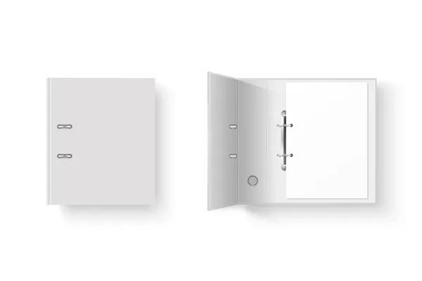 Vector 3d cerrado realista blanco y negro encuadernador de oficina en blanco con anillos de metal para A4 hoja de papel primer plano aislado sobre fondo blanco. Plantilla de diseño, Mockup, Vista superior — Vector de stock