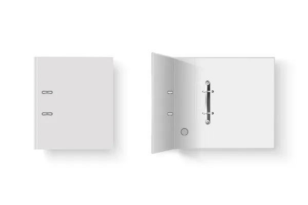 Reliure de bureau blanche réaliste ouverte et fermée vectorielle 3d avec anneaux en métal pour feuille de papier A4 isolée sur fond transparent. Modèle de conception, Maquette, Vue sur le dessus — Image vectorielle