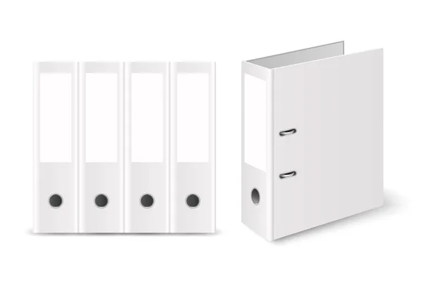 Vector 3D geschlossener realistischer weißer Blanko-Bürobinder mit Metallringen für DIN-A4-Papierbögen, isoliert auf weißem Hintergrund. Design-Vorlage, Mockup, Vorderseite, Seite, Rückseite — Stockvektor