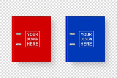 Vektör 3d Kapalı Gerçekçi Kırmızı ve Mavi Boş Ofis Dosyası A4 Kağıt Sayfa Kapanışı için Metal Halkalar Beyaz Arkaplanda izole edildi. Tasarım Şablonu, Mockup, Üst Görünüm