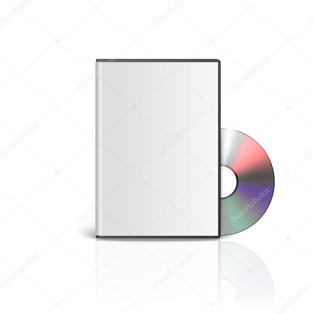 Vector 3d Realistic CD, DVD with Cover Box Set Closeup Isolated on White Background with Reflection. Design Template. CD Packaging Copy Space. Front View