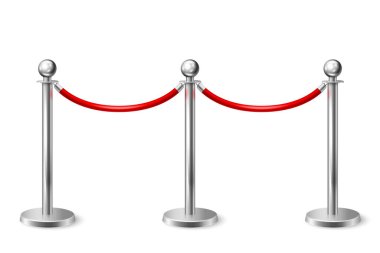 Kırmızı Halı İçin Vektör 3d Gerçekçi Çit Beyaz Arkaplan 'da izole edildi. Kırmızı bariyer halatı. Gümüş sırık. Ön Manzara. Lüks, VIP konsepti. Olaylar için Ekipman
