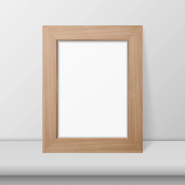 Vektor 3d RealisticBrown Dřevěný Jednoduchý moderní rám na bílé polici nebo stůl a bílá zeď pozadí. Lze jej použít pro prezentaci. Šablona návrhu pro Mockup, pohled zepředu — Stockový vektor