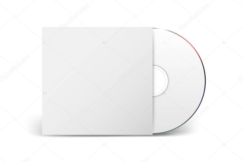 Vector 3d Realistic CD, DVD with Paper Cover Box Closeup Isolated on White Background. Design Template for Mockup. CD Packaging Copy Space. Front View