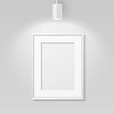 Vektör 3d Gerçekçi A4 Beyaz Ahşap Basit Modern Çerçeve Beyaz Duvar Arkaplanında, üzerinde Luminous Spot Lambası olan, Çerçevenin Üzerinde. Mockup için Tasarım Şablonu, Ön Görünüm