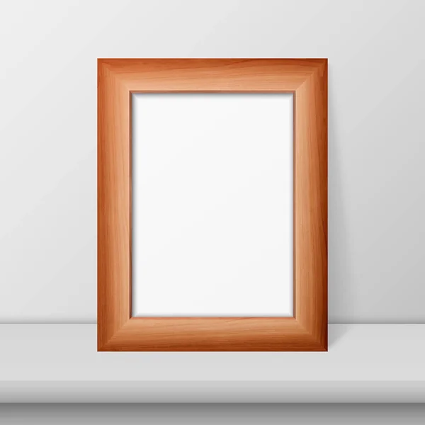 Marco moderno simple de madera marrón realista del vector 3d en un estante blanco o tabla y fondo blanco de la pared. Se puede utilizar para presentaciones. Plantilla de diseño para Mockup, Vista frontal — Archivo Imágenes Vectoriales