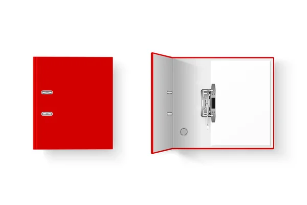 Vector 3d cerrado y abierto Realista Red Blank Office Binder Set con anillos de metal con hoja de papel A4 primer plano aislado sobre fondo blanco. Plantilla de diseño, Mockup, Vista superior — Vector de stock