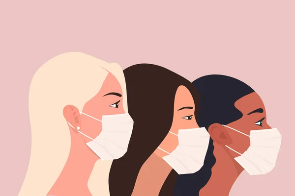 Multy Ethnic Women of Different Nationalities Standing Together in the Respiratory Medical Masks Side View (dalam bahasa Inggris). Jarak, Karantina, Konsep Coronavirus. COVID-2019. Vektor Datar - Stok Vektor